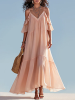 Load image into Gallery viewer, Women's Pink Cold Shoulder Maxi Dress V-Neck Flowing Tiered Style