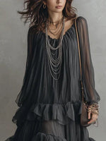Load image into Gallery viewer, Women's Black Sheer Tiered Maxi Dress V-Neck Flowing Ruffle Style