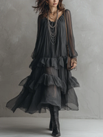 Load image into Gallery viewer, Women's Black Sheer Tiered Maxi Dress V-Neck Flowing Ruffle Style