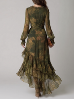 Load image into Gallery viewer, Women's Green Floral Wrap Maxi Dress V-Neck Ruffle Tiered Hem