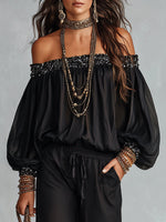 Load image into Gallery viewer, Stylish Black Off the Shoulder Top and Wide Leg Pants Set for Women with Sequin Trim