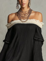 Load image into Gallery viewer, Women's Black Mini Dress Off Shoulder Lace Trim Ruffle Sleeve