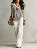 Load image into Gallery viewer, Women's Grey V Neck Blouse Long Sleeve Relaxed Draped Flowy Style