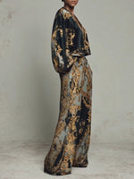 Load image into Gallery viewer, Women's Baroque Print Two Piece Set Wide Leg Trouser V-Neck Top