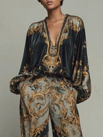 Load image into Gallery viewer, Women's Baroque Print Two Piece Set Wide Leg Trouser V-Neck Top