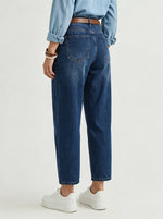 Load image into Gallery viewer, Women's Deep Blue Relaxed Mom Jeans High Waist Barrel Leg Tapered Ankle