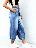 Load image into Gallery viewer, Women's Light Blue Relaxed Barrel Jeans Elastic Waist Drawstring Cuffed Hem