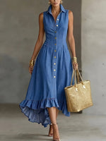 Load image into Gallery viewer, Women's Blue Denim Dress Collar Sleeveless Button Front High Low Ruffle Style