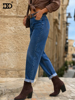 Load image into Gallery viewer, Women's Deep Blue Relaxed Mom Jeans High Waist Cuffed Straight Leg