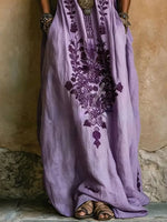 Load image into Gallery viewer, Women's Purple Maxi Dress Embroidered Print Kaftan Batwing Sleeve Flowing Style