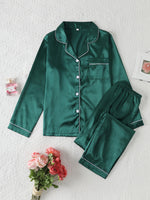 Load image into Gallery viewer, Comfortable Satin Pajamas for Women with Collar Button Front Piping Trim
