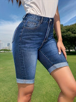 Load image into Gallery viewer, Women's Blue Denim Shorts High Waist Rolled Cuff Bermuda Slim Fit Casual Style