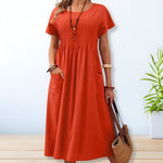 Load image into Gallery viewer, Women's Midi Dress Short Sleeve Round Neck Pintuck Pleat Side Pockets Casual Style