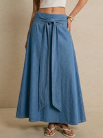 Load image into Gallery viewer, Women's Blue Denim Maxi Skirt Tie Waist a Line Flowing Style