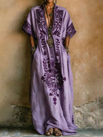 Load image into Gallery viewer, Women's Purple Maxi Dress Embroidered Print Kaftan Batwing Sleeve Flowing Style