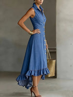 Load image into Gallery viewer, Women's Blue Denim Dress Collar Sleeveless Button Front High Low Ruffle Style