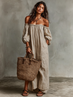 Load image into Gallery viewer, Women's Striped Linen Maxi Dress Off Shoulder Puff Sleeve Flowing Casual Summer Style