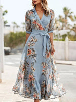 Load image into Gallery viewer, Elegant Blue Floral Wrap Maxi Dress for Women with V-Neck Puff Sleeve Tie Waist Casual Wedding Guest Style