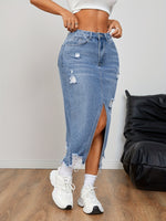 Load image into Gallery viewer, Women's Blue Denim Jean Skirt High Waist Ripped Side Slit a Line Midi Casual Style
