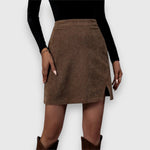 Load image into Gallery viewer, Women's Brown Mini Skirt High Waist Corduroy Textured Front Split Fitted Casual Style
