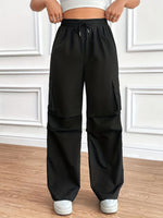 Load image into Gallery viewer, Women's Black Cargo Pants High Waist Drawstring Wide Leg Relaxed Style