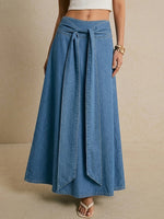 Load image into Gallery viewer, Women's Blue Denim Maxi Skirt Tie Waist a Line Flowing Style