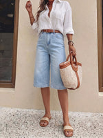 Load image into Gallery viewer, Effortless Light Blue Denim Culotte Jean Shorts for Women with High Waist Wide Leg Cropped Style