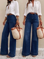 Load image into Gallery viewer, Women's Relaxed Dark Blue Wide Leg Jeans High Waist Belted Style