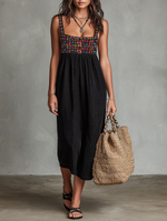 Load image into Gallery viewer, Stylish Black Dress for Women with Floral Embroidered Bodice Square Neck Sleeveless Casual Midi Style