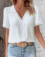 Load image into Gallery viewer, Women's Lace Trim Blouse V Neck Short Sleeve Textured Casual Style