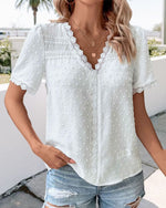 Load image into Gallery viewer, Women's Lace Trim Blouse V Neck Short Sleeve Textured Casual Style