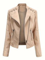 Load image into Gallery viewer, Women's Leather Moto Jacket Notch Lapel Zip Front Studded Shoulder