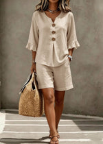 Load image into Gallery viewer, Women's Linen Two Piece Set V Neck Button Front Ruffle Sleeve Shorts Style