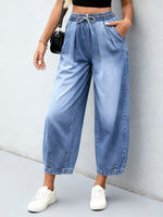 Load image into Gallery viewer, Women's Light Blue Relaxed Barrel Jeans Elastic Waist Drawstring Cuffed Hem