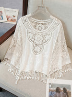 Load image into Gallery viewer, Women's Cream Poncho Shirt Crochet Lace Fringe Hem Draped Style