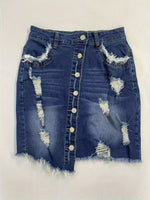 Load image into Gallery viewer, Women's Blue Denim Mini Skirt High Waist Ripped Button Front Raw Hem Jean Skirt Style