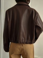 Load image into Gallery viewer, Women's Brown Leather Jacket Collar Zip Front Cropped Style