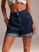 Load image into Gallery viewer, Women's Blue Denim Shorts High Waist Cuffed Hem Style