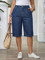 Load image into Gallery viewer, Women's Blue Denim Bermuda Jean Shorts High Waist Pleated Wide Leg