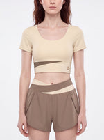 Load image into Gallery viewer, Amara Panelled Crop Yoga T-Shirt - In Khaki