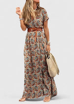 Load image into Gallery viewer, Women's Paisley Print Maxi Dress V Neck Short Sleeve Belted Side Slit Flowing Boho Style