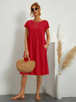 Load image into Gallery viewer, Women's Red Smocked Midi Dress Round Neck Short Sleeve Pockets Casual Summer Style