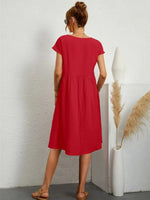 Load image into Gallery viewer, Women's Red Smocked Midi Dress Round Neck Short Sleeve Pockets Casual Summer Style