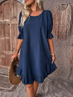 Load image into Gallery viewer, Women's Linen a Line Dress Round Neck Puff Sleeve Ruffle Hem Mini Casual Summer Style