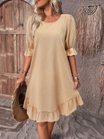 Load image into Gallery viewer, Women's Linen a Line Dress Round Neck Puff Sleeve Ruffle Hem Mini Casual Summer Style