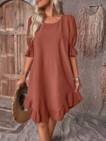 Load image into Gallery viewer, Women's Linen a Line Dress Round Neck Puff Sleeve Ruffle Hem Mini Casual Summer Style