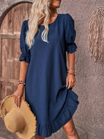Load image into Gallery viewer, Women's Linen a Line Dress Round Neck Puff Sleeve Ruffle Hem Mini Casual Summer Style