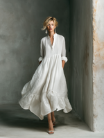 Load image into Gallery viewer, Women's White Maxi Dress Stand Collar Button Placket Long Sleeve Tiered Linen Casual Style