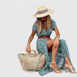 Load image into Gallery viewer, Women's Paisley Print Maxi Dress V Neck Short Sleeve Belted Side Slit Flowing Boho Style