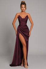 Load image into Gallery viewer, Elegant Satin Maxi Dress for Formal Wedding Guest Style with Strapless Ruched Bodice